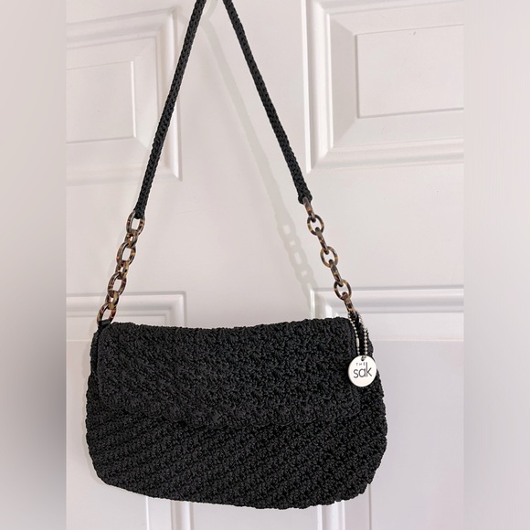 The Sak Black Crochet Flap Snap Closure Faux Tortoise Links Shoulder Mini Bag - Picture 2 of 11